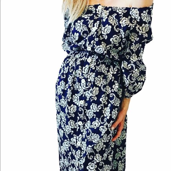 NWT THEKORNER Off the Shoulder Navy Maxi Dress - Picture 2 of 7